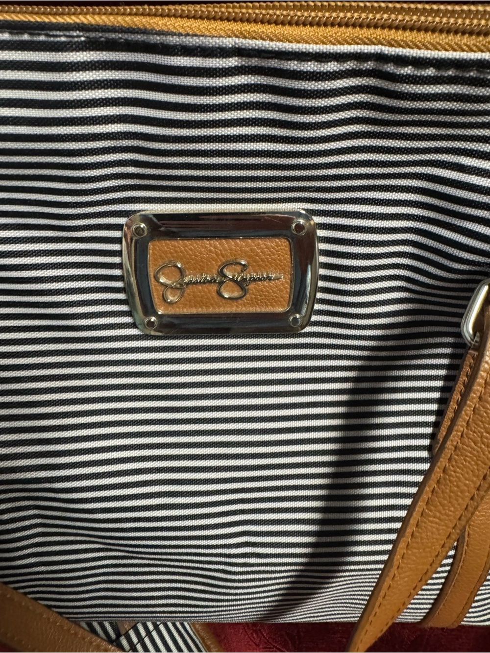 Jessica Simpson Navy and White Striped Weekender bag with Tan Trim - Picture 2 of 6